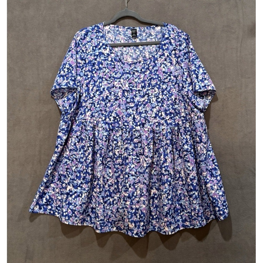 Emery Rose Blue Purple Abstract Floral Babydoll Peplum Top Plus Size 3XL